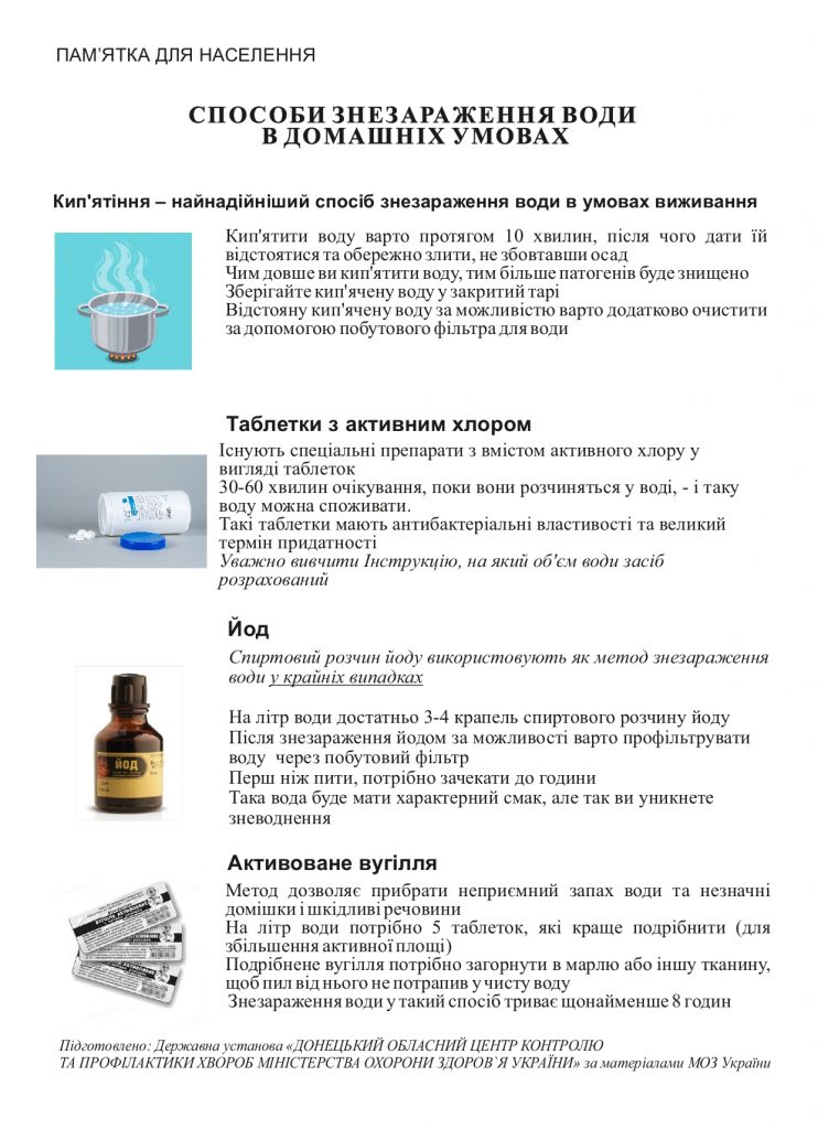 ПАМ’ЯТКА ДЛЯ НАСЕЛЕННЯ. СПОСОБИ ЗНЕЗАРАЖЕННЯ ВОДИ В ДОМАШНІХ УМОВАХ